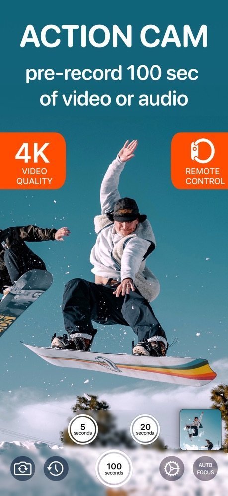 Video Buffer Action Camera recording a snowboarder with 5, 20, and 100 second buffer buttons on screen