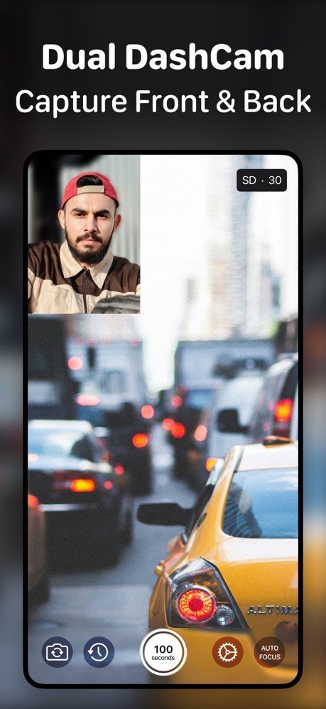 Dual dash cam mode recording city traffic and the driver with front and back cameras at once