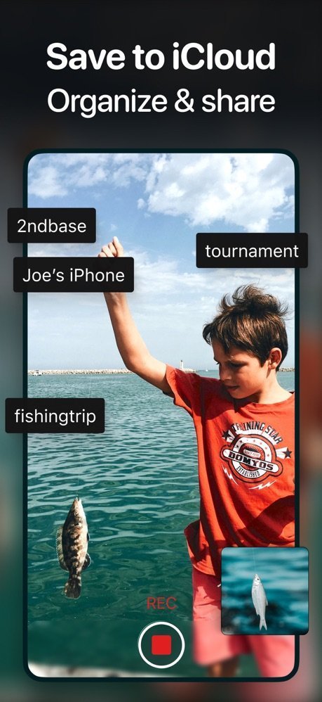 Save to iCloud screen with custom filename prefixes like 2ndbase, fishingtrip, and tournament