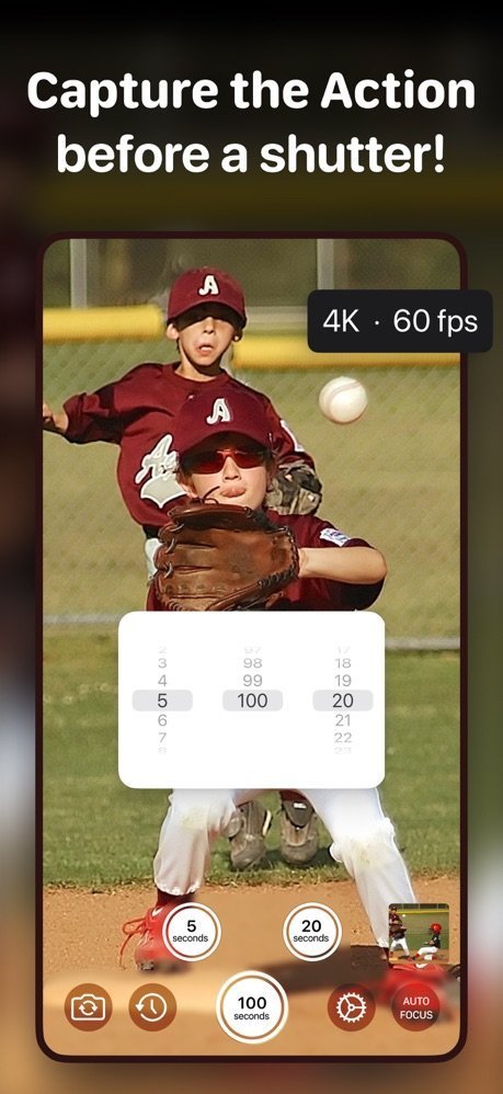Youth baseball play with the buffer duration picker set between 5, 100, and 20 seconds